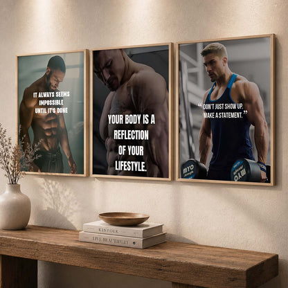 Bodybuilding Workout Gym Motivational Quotes Wall Art Set of 3 Framed Prints