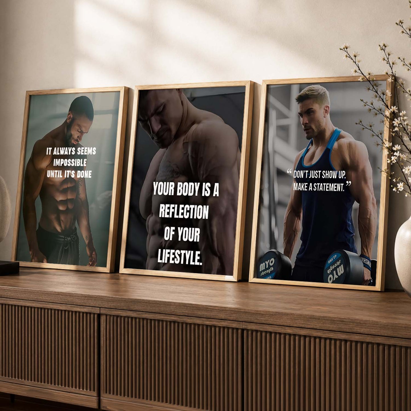 Bodybuilding Workout Gym Motivational Quotes Wall Art Set of 3 Framed Prints