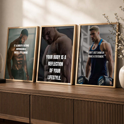 Bodybuilding Workout Gym Motivational Quotes Wall Art Set of 3 Framed Prints