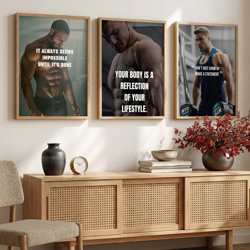 Bodybuilding Workout Gym Motivational Quotes Wall Art Set of 3 Framed Prints