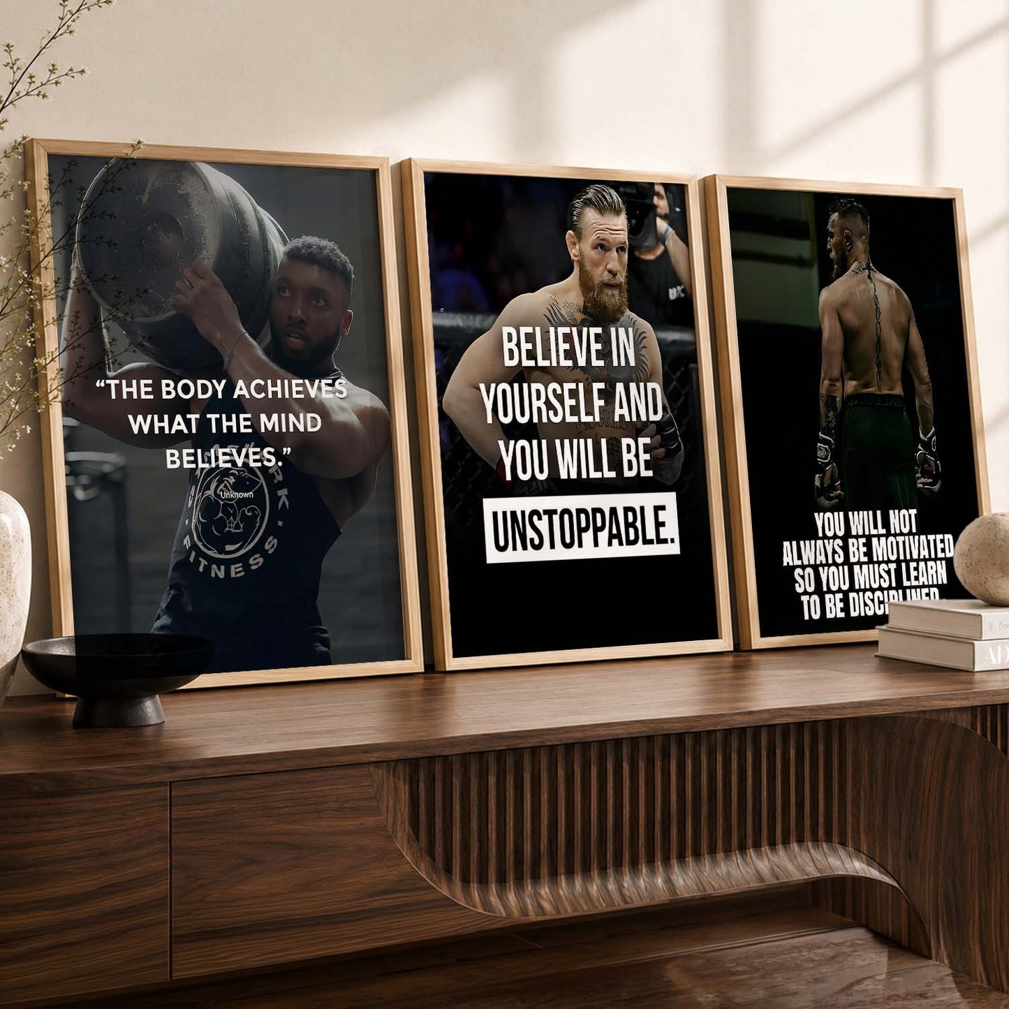 Bodybuilding Gym Motivational Quotes Wall Art Set of 3 Framed Prints for Home Gym
