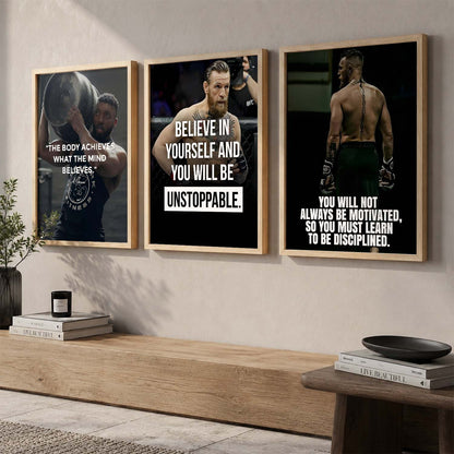 Bodybuilding Gym Motivational Quotes Wall Art Set of 3 Framed Prints for Home Gym