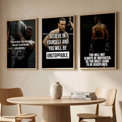Bodybuilding Gym Motivational Quotes Wall Art Set of 3 Framed Prints for Home Gym