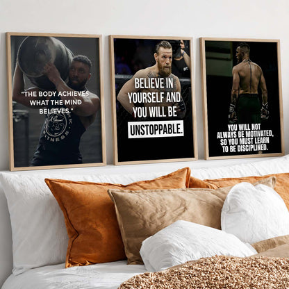 Bodybuilding Gym Motivational Quotes Wall Art Set of 3 Framed Prints for Home Gym