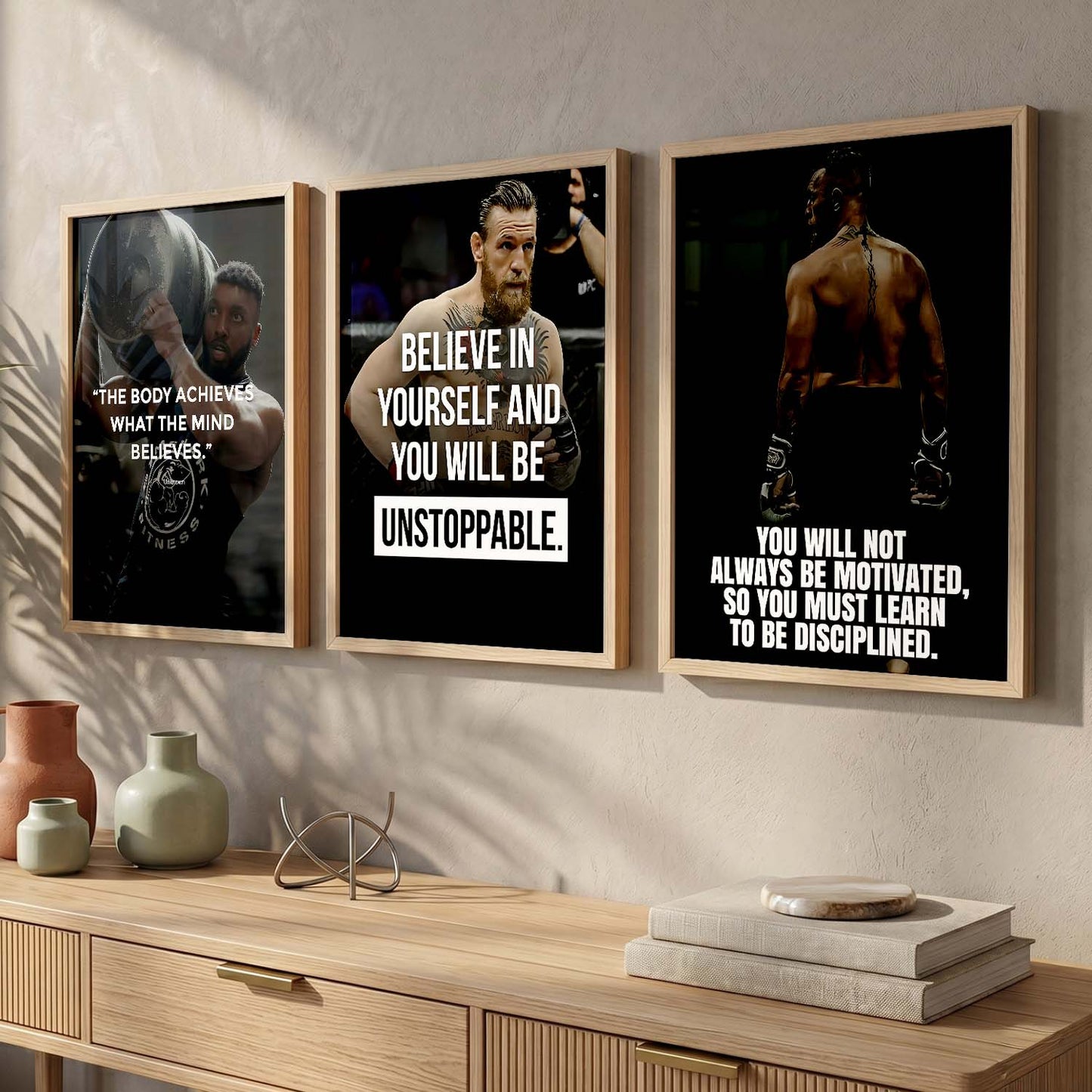 Bodybuilding Gym Motivational Quotes Wall Art Set of 3 Framed Prints for Home Gym