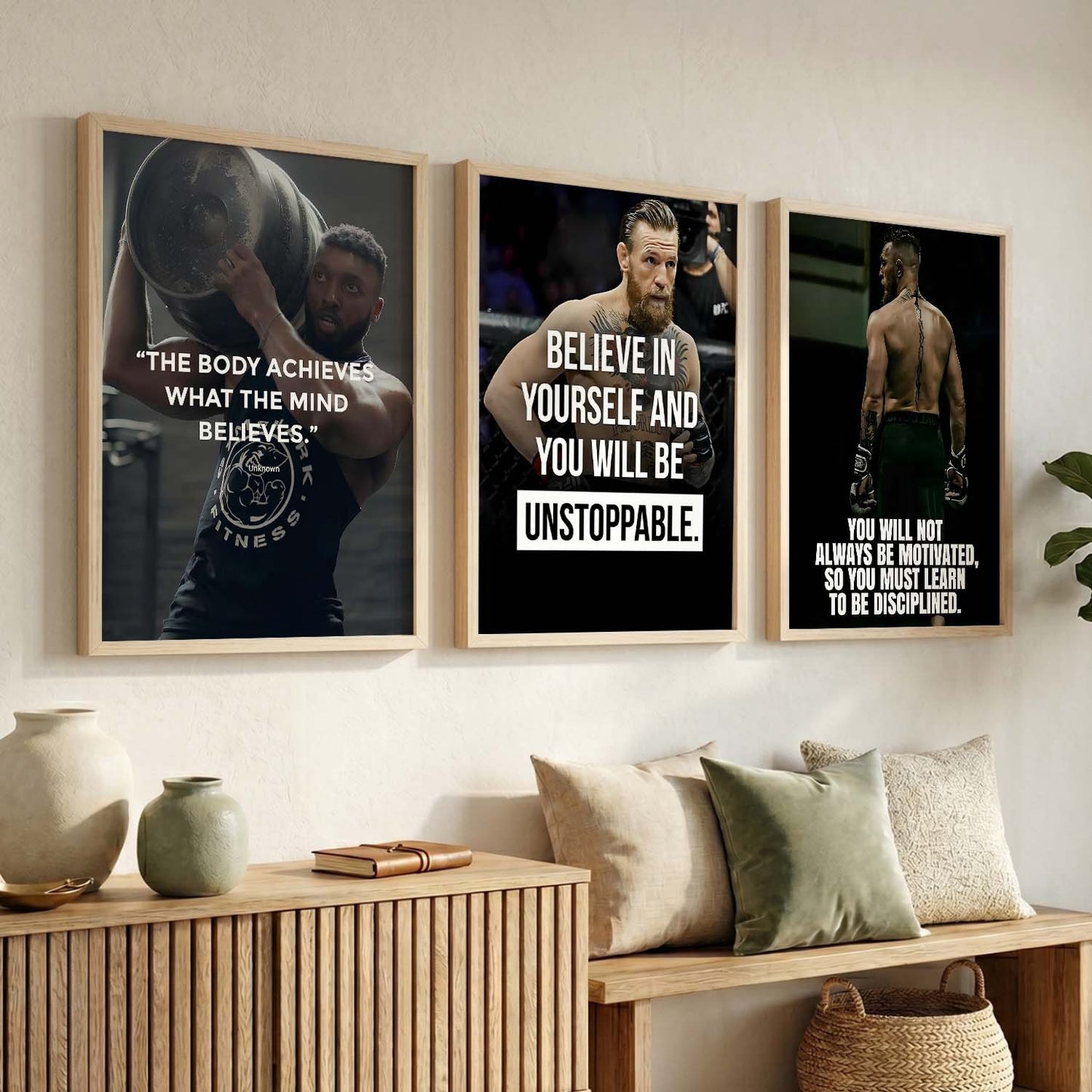Bodybuilding Gym Motivational Quotes Wall Art Set of 3 Framed Prints for Home Gym
