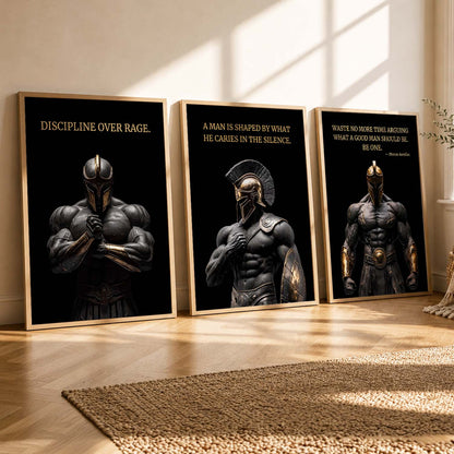 Spartan Warrior Motivational Quotes Wall Art Set of 3 Framed Prints for Bedroom