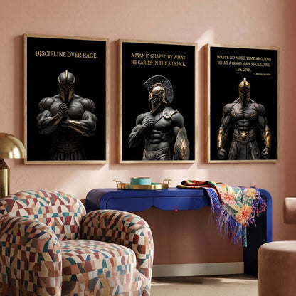 Spartan Warrior Motivational Quotes Wall Art Set of 3 Framed Prints for Bedroom