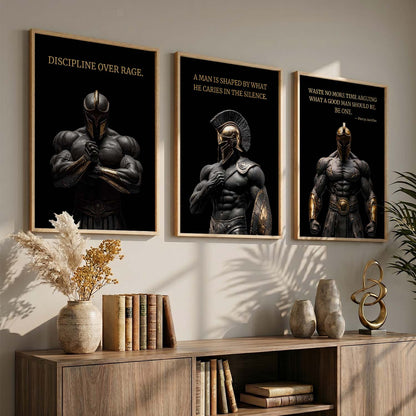 Spartan Warrior Motivational Quotes Wall Art Set of 3 Framed Prints for Bedroom