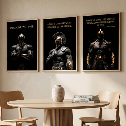 Spartan Warrior Motivational Quotes Wall Art Set of 3 Framed Prints for Bedroom