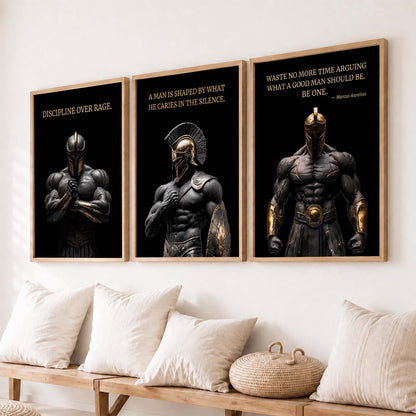 Spartan Warrior Motivational Quotes Wall Art Set of 3 Framed Prints for Bedroom