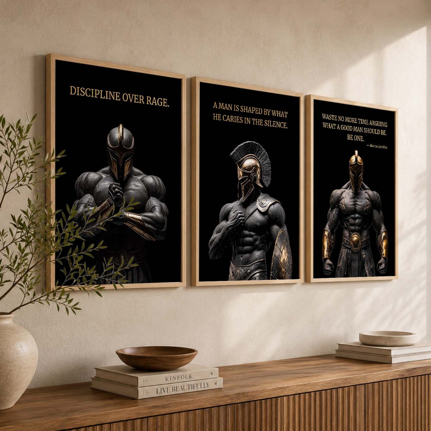 Spartan Warrior Motivational Quotes Wall Art Set of 3 Framed Prints for Bedroom