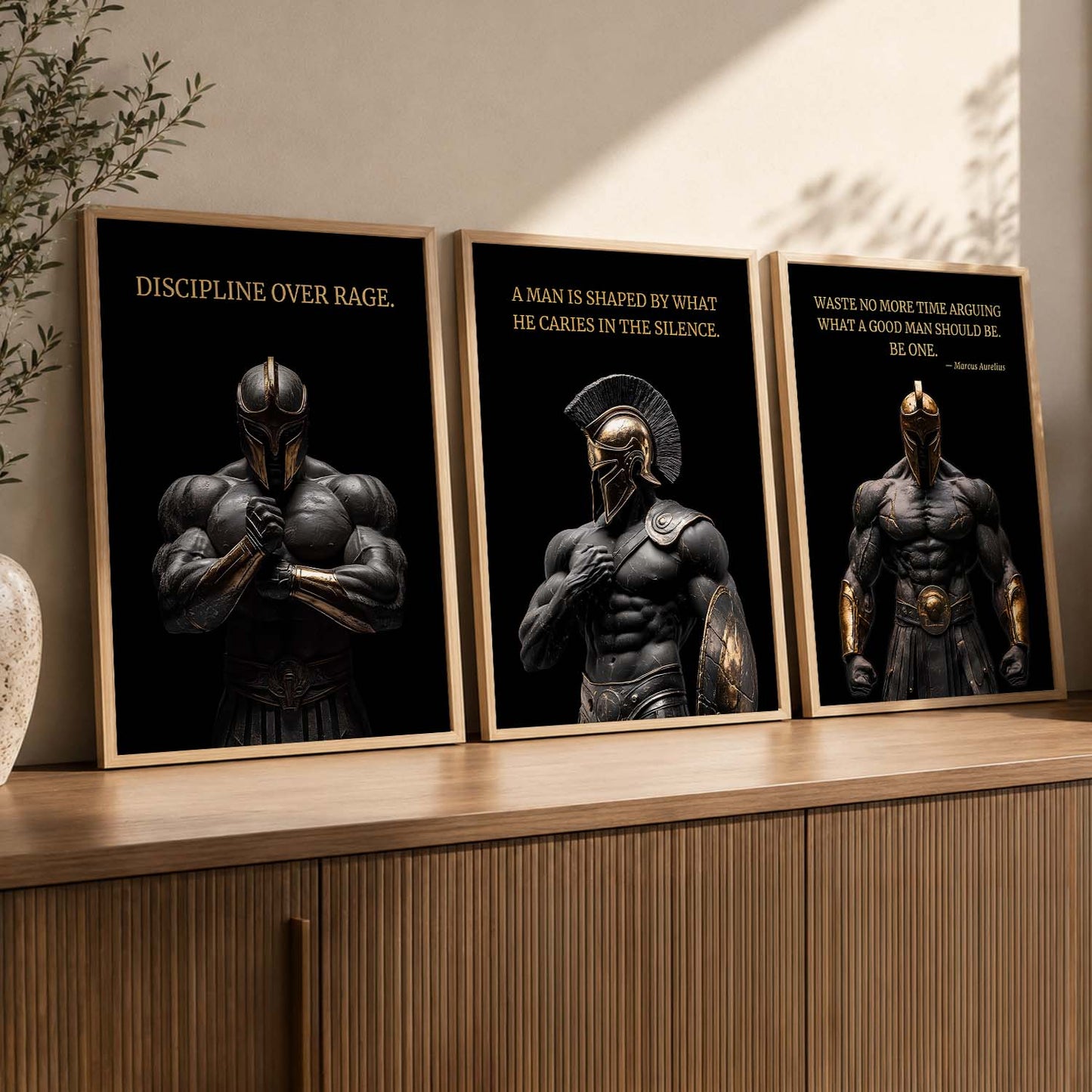 Spartan Warrior Motivational Quotes Wall Art Set of 3 Framed Prints for Bedroom