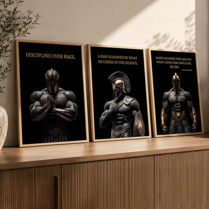 Spartan Warrior Motivational Quotes Wall Art Set of 3 Framed Prints for Bedroom