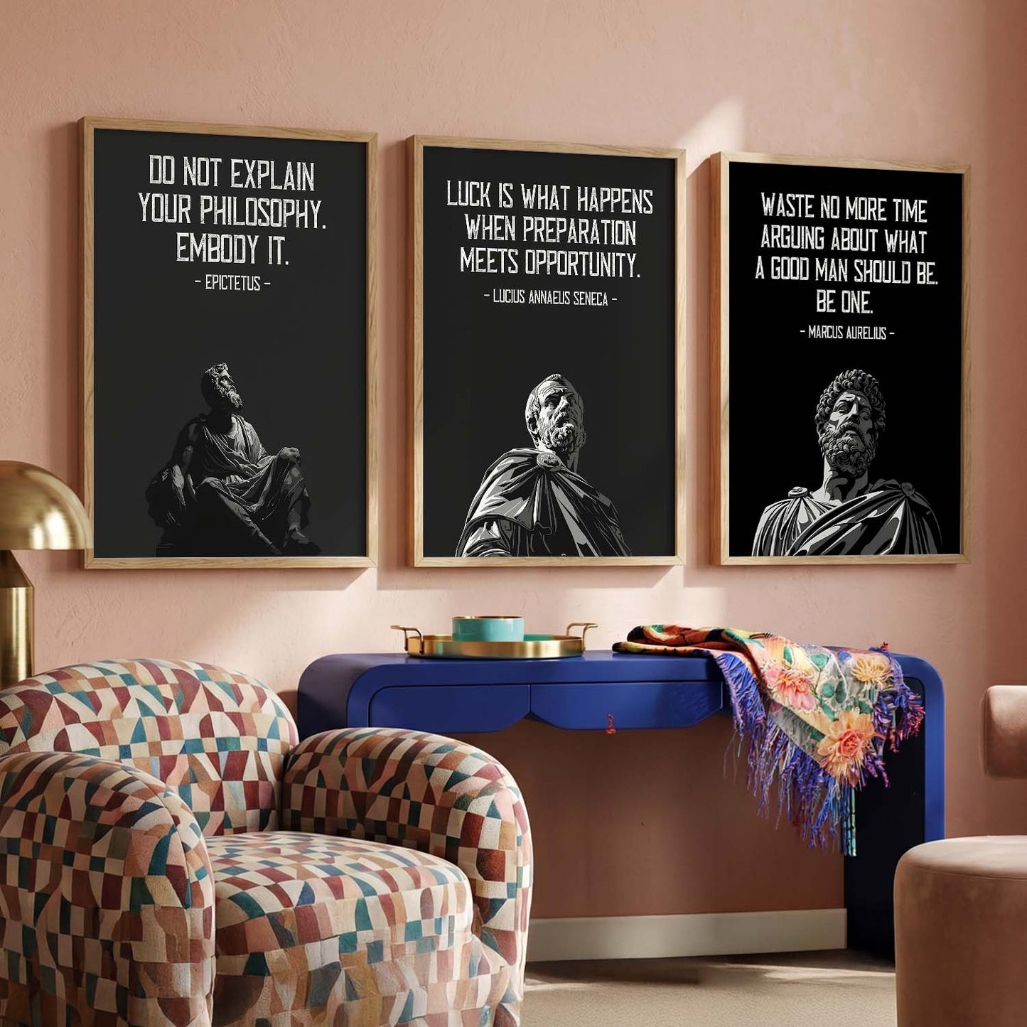 Marcus Aurelius Motivational Quotes Wall Art Set of 3 Framed Prints for Home Gym