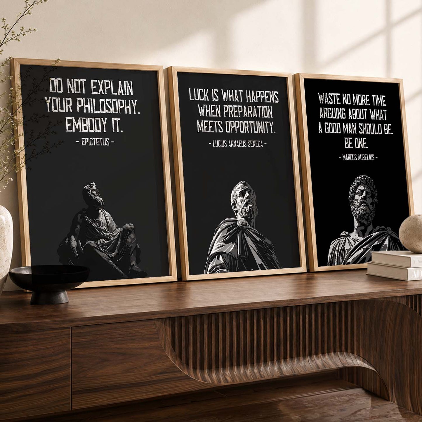 Marcus Aurelius Motivational Quotes Wall Art Set of 3 Framed Prints for Home Gym
