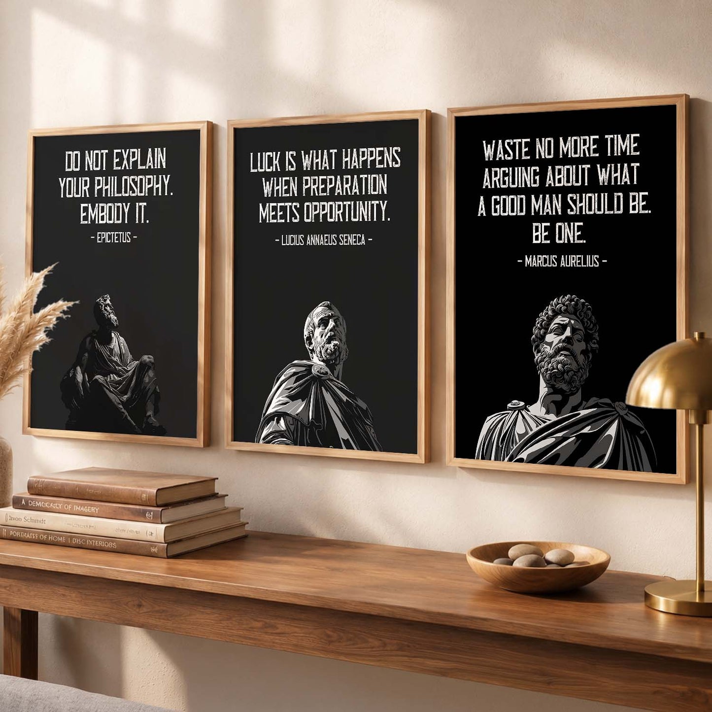 Marcus Aurelius Motivational Quotes Wall Art Set of 3 Framed Prints for Home Gym