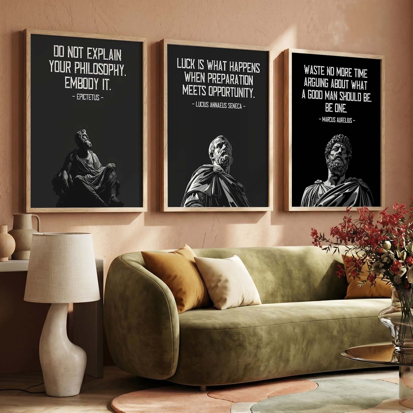 Marcus Aurelius Motivational Quotes Wall Art Set of 3 Framed Prints for Home Gym