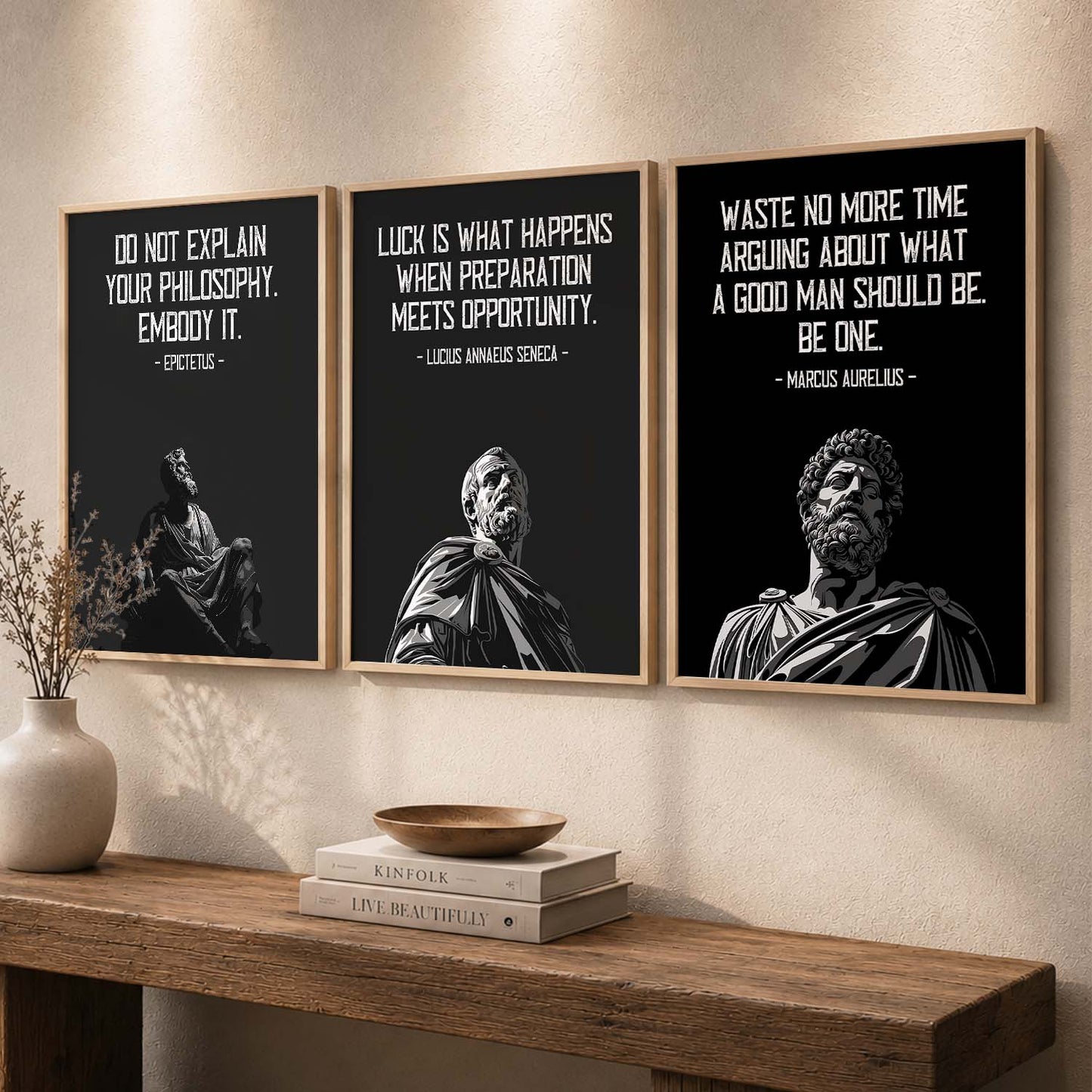 Marcus Aurelius Motivational Quotes Wall Art Set of 3 Framed Prints for Home Gym