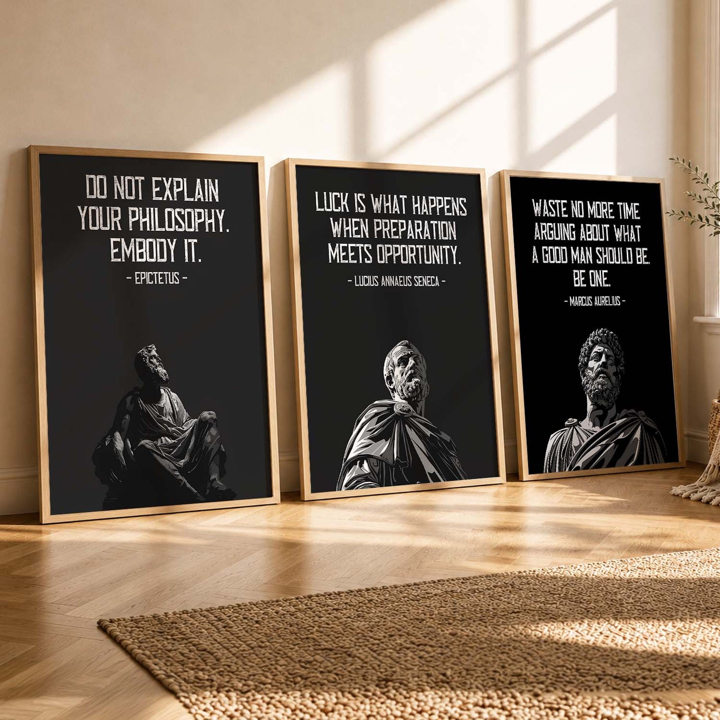 Marcus Aurelius Motivational Quotes Wall Art Set of 3 Framed Prints for Home Gym