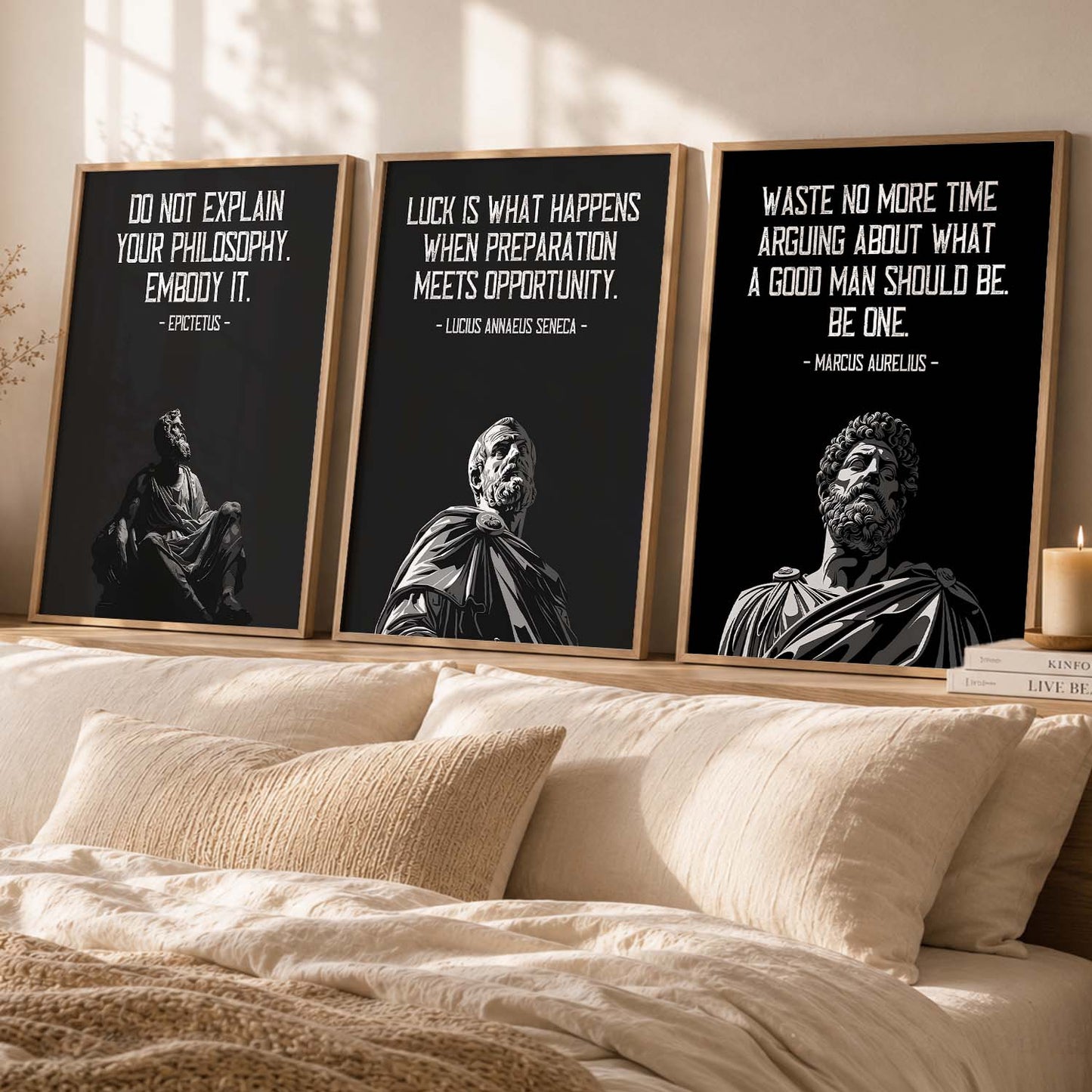 Marcus Aurelius Motivational Quotes Wall Art Set of 3 Framed Prints for Home Gym