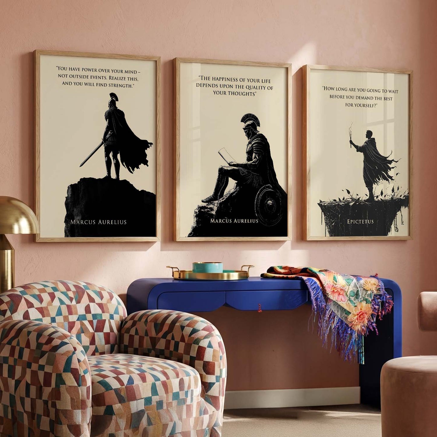 Marcus Aurelius Motivational Quotes Wall Art Set of 3 Framed Prints for Workspace