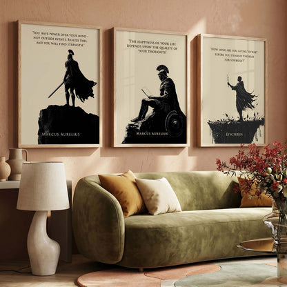 Marcus Aurelius Motivational Quotes Wall Art Set of 3 Framed Prints for Workspace