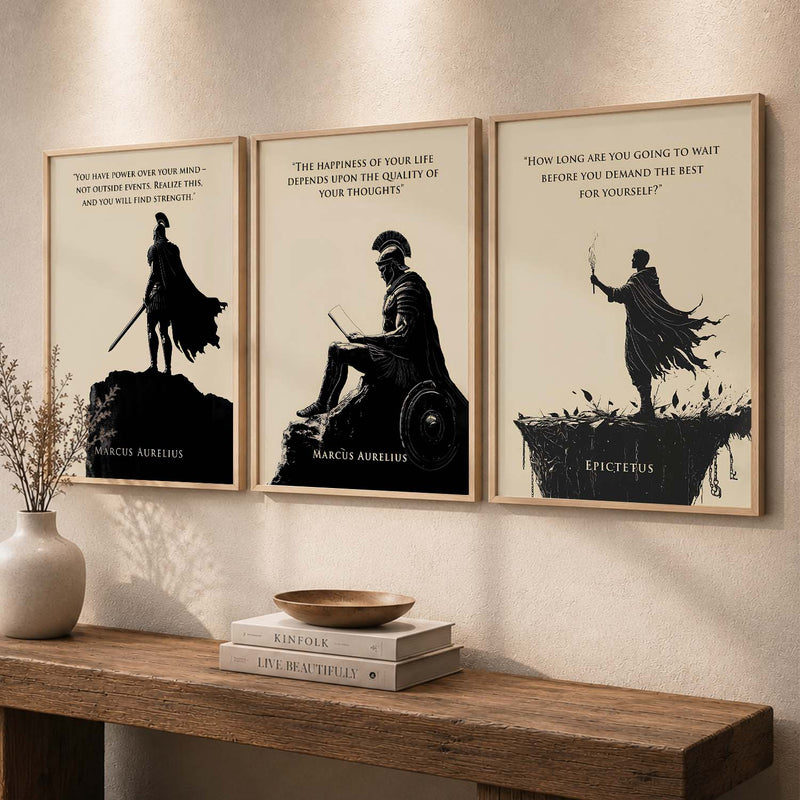 Marcus Aurelius Motivational Quotes Wall Art Set of 3 Framed Prints for Workspace