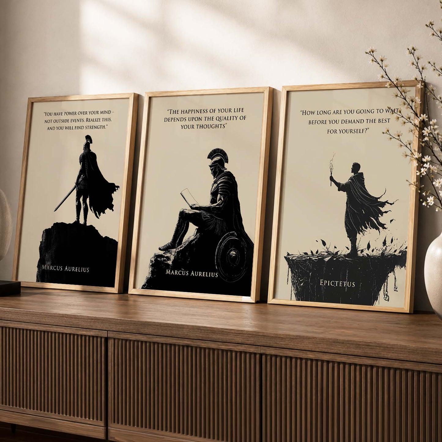 Marcus Aurelius Motivational Quotes Wall Art Set of 3 Framed Prints for Workspace
