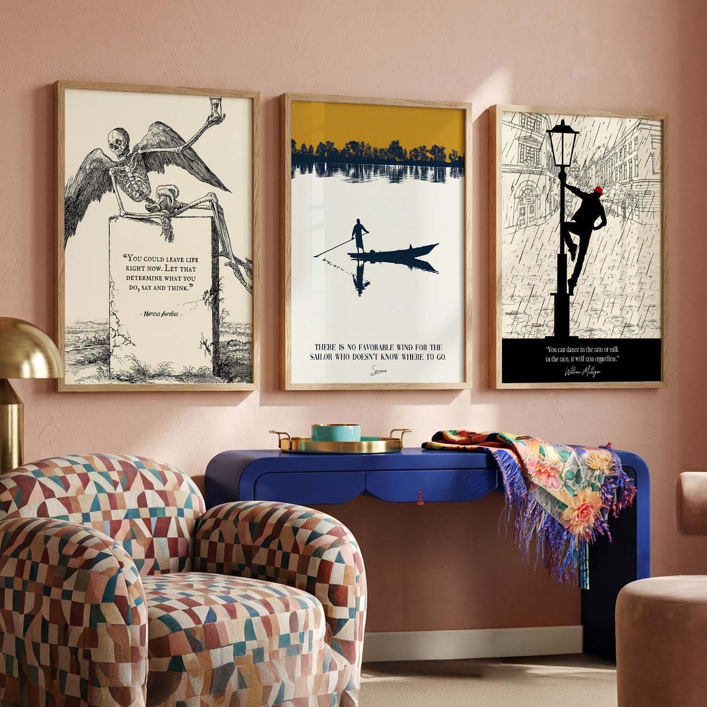 Stoic Philosophers Motivational Quotes Wall Art Set of 3 Framed Prints for Bedroom