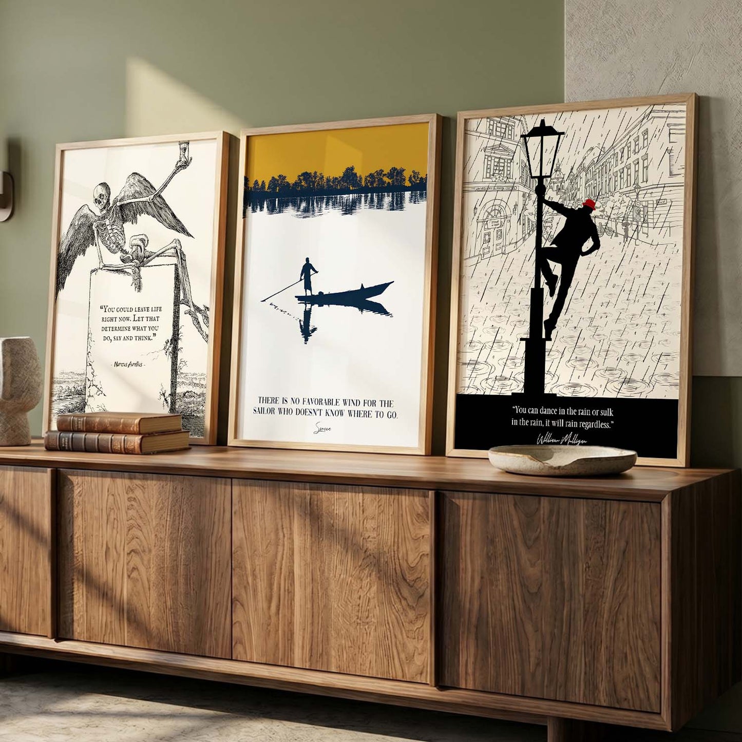 Stoic Philosophers Motivational Quotes Wall Art Set of 3 Framed Prints for Bedroom