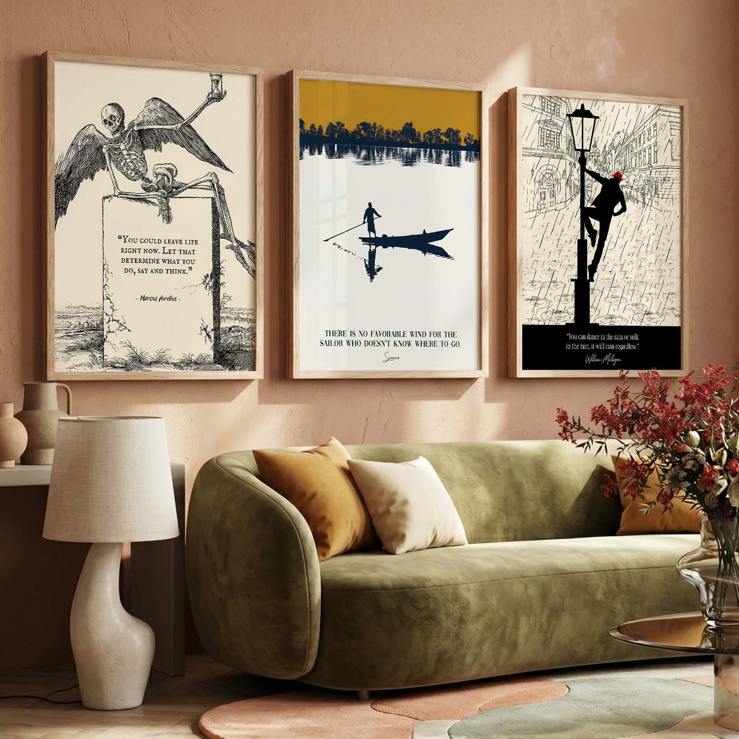 Stoic Philosophers Motivational Quotes Wall Art Set of 3 Framed Prints for Bedroom