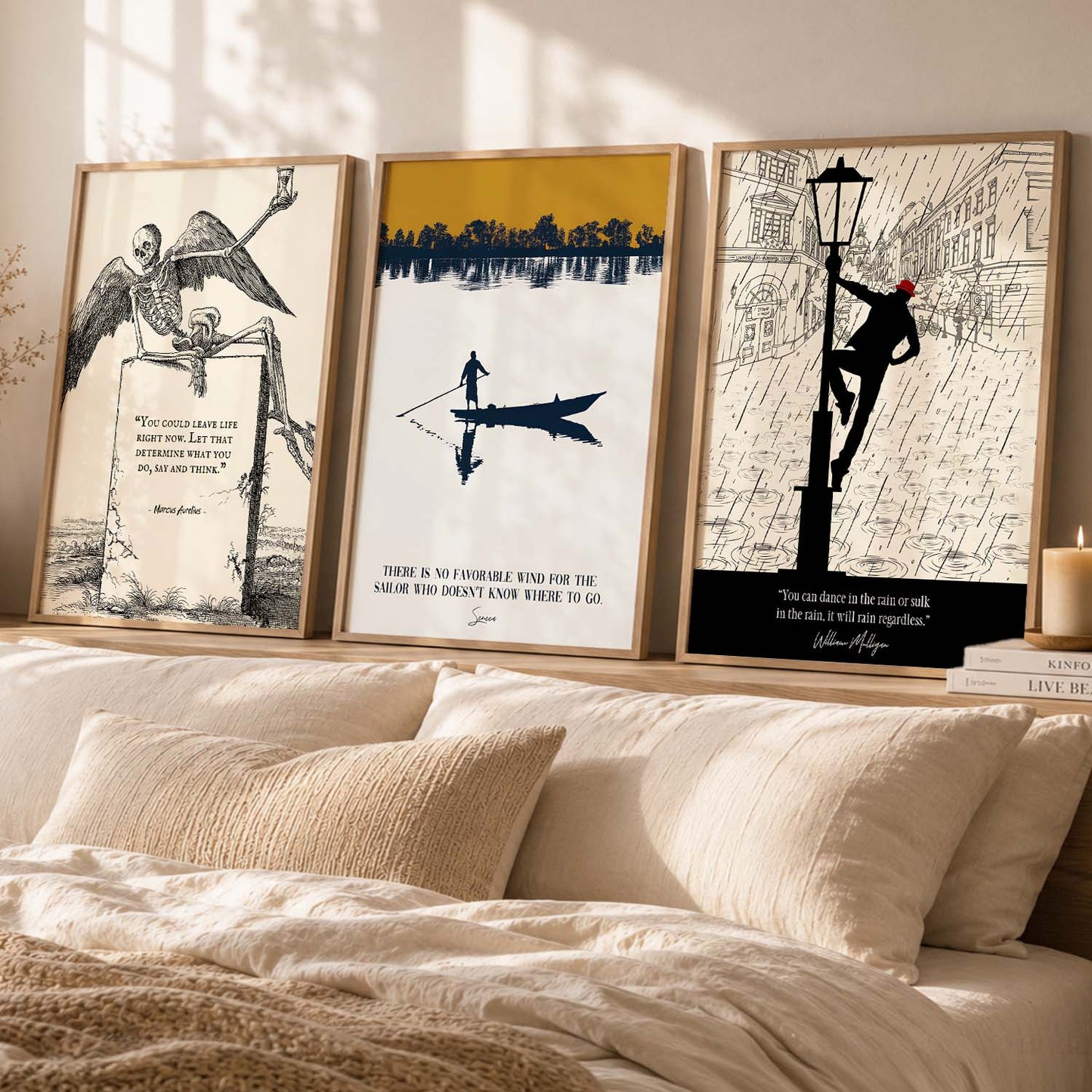 Stoic Philosophers Motivational Quotes Wall Art Set of 3 Framed Prints for Bedroom