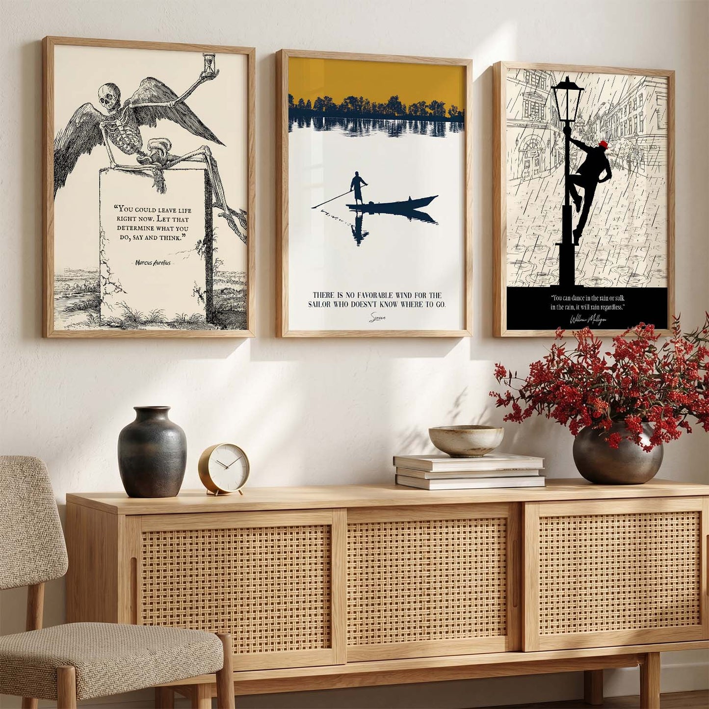 Stoic Philosophers Motivational Quotes Wall Art Set of 3 Framed Prints for Bedroom