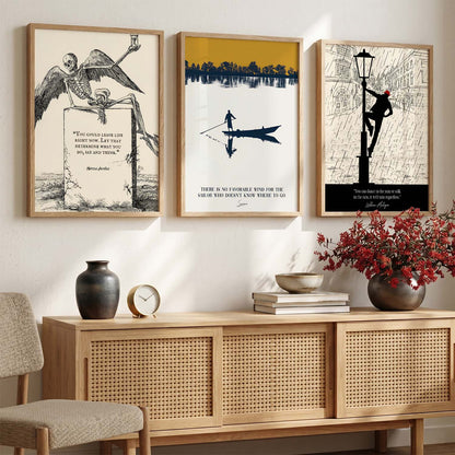 Stoic Philosophers Motivational Quotes Wall Art Set of 3 Framed Prints for Bedroom