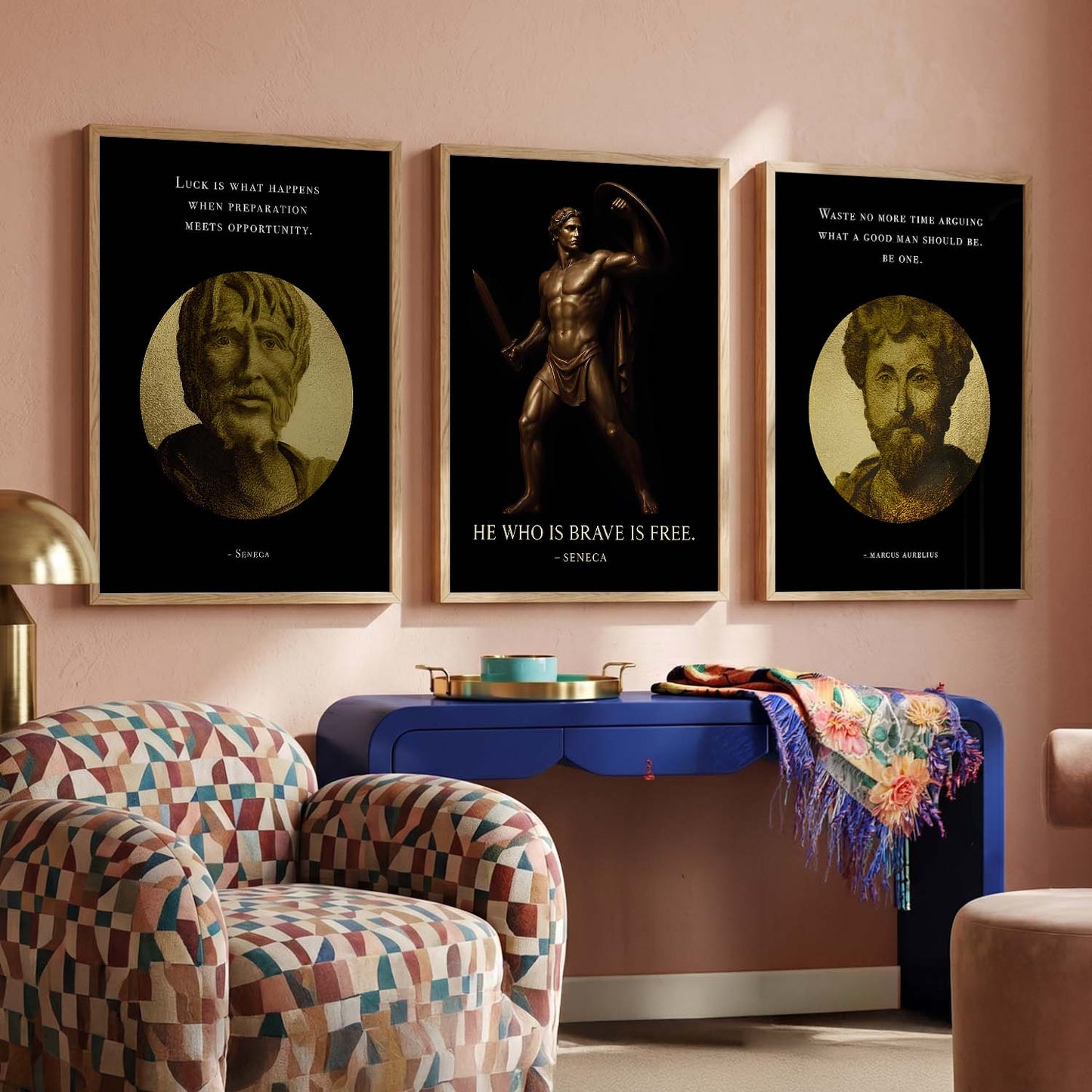 Marcus Aurelius Motivational Quotes Wall Art Set of 3 Framed Prints for Home Office