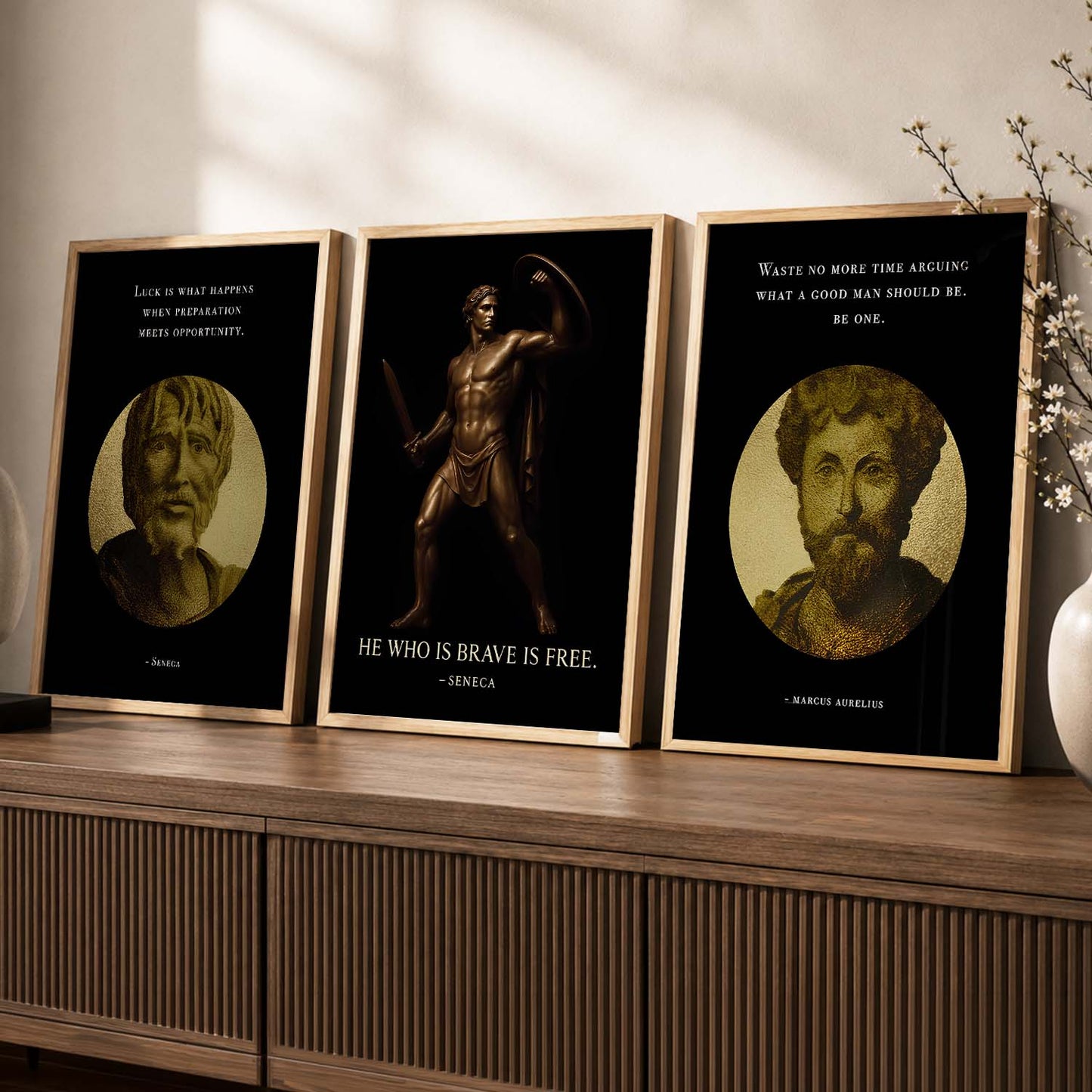 Marcus Aurelius Motivational Quotes Wall Art Set of 3 Framed Prints for Home Office
