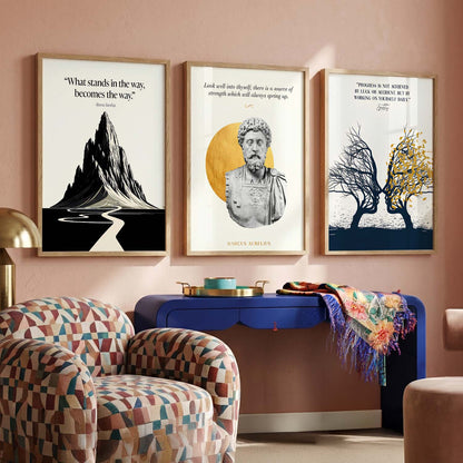 Stoic Philosophers Motivational Quotes Wall Art Set of 3 Framed Prints for Living Room