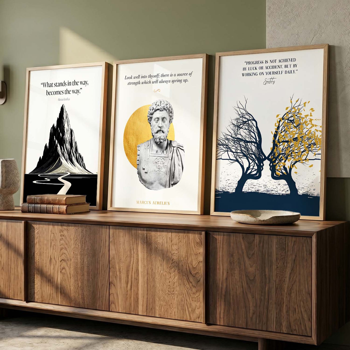 Stoic Philosophers Motivational Quotes Wall Art Set of 3 Framed Prints for Living Room