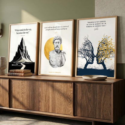Stoic Philosophers Motivational Quotes Wall Art Set of 3 Framed Prints for Living Room