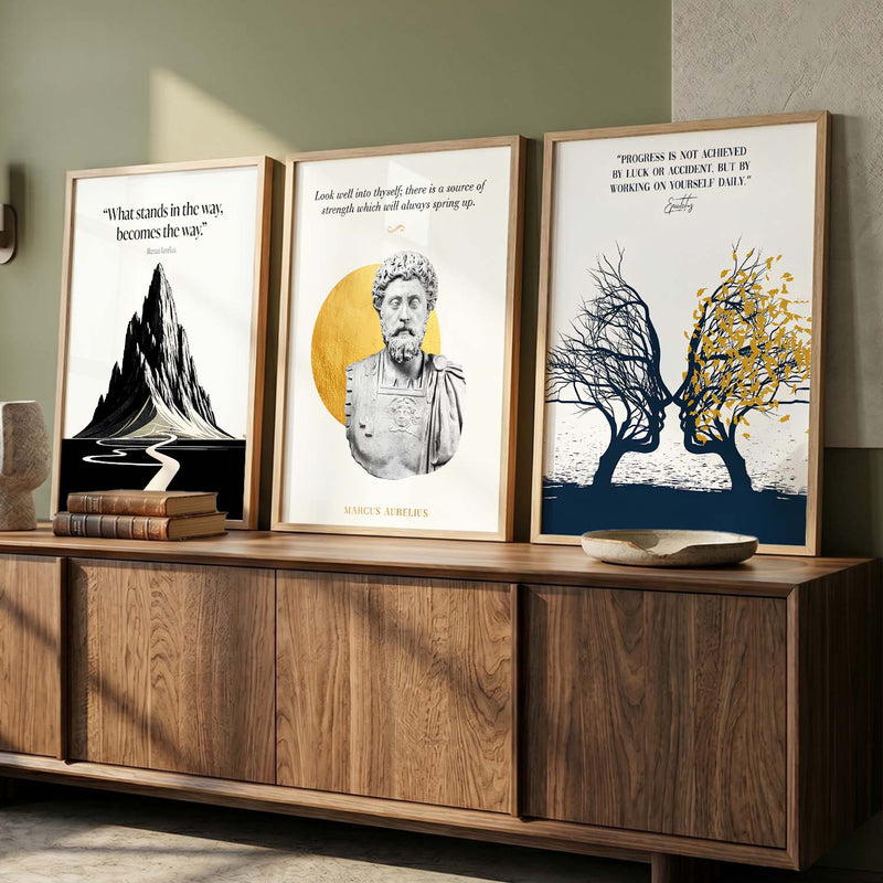 Stoic Philosophers Motivational Quotes Wall Art Set of 3 Framed Prints for Living Room
