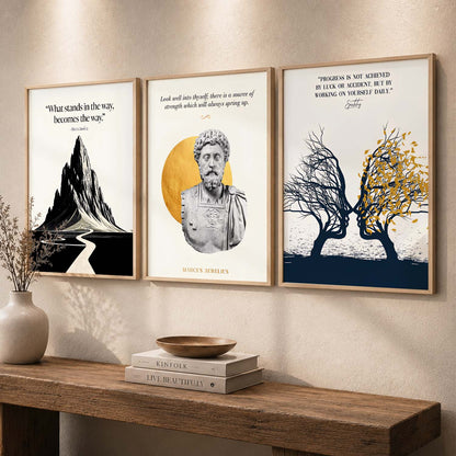 Stoic Philosophers Motivational Quotes Wall Art Set of 3 Framed Prints for Living Room