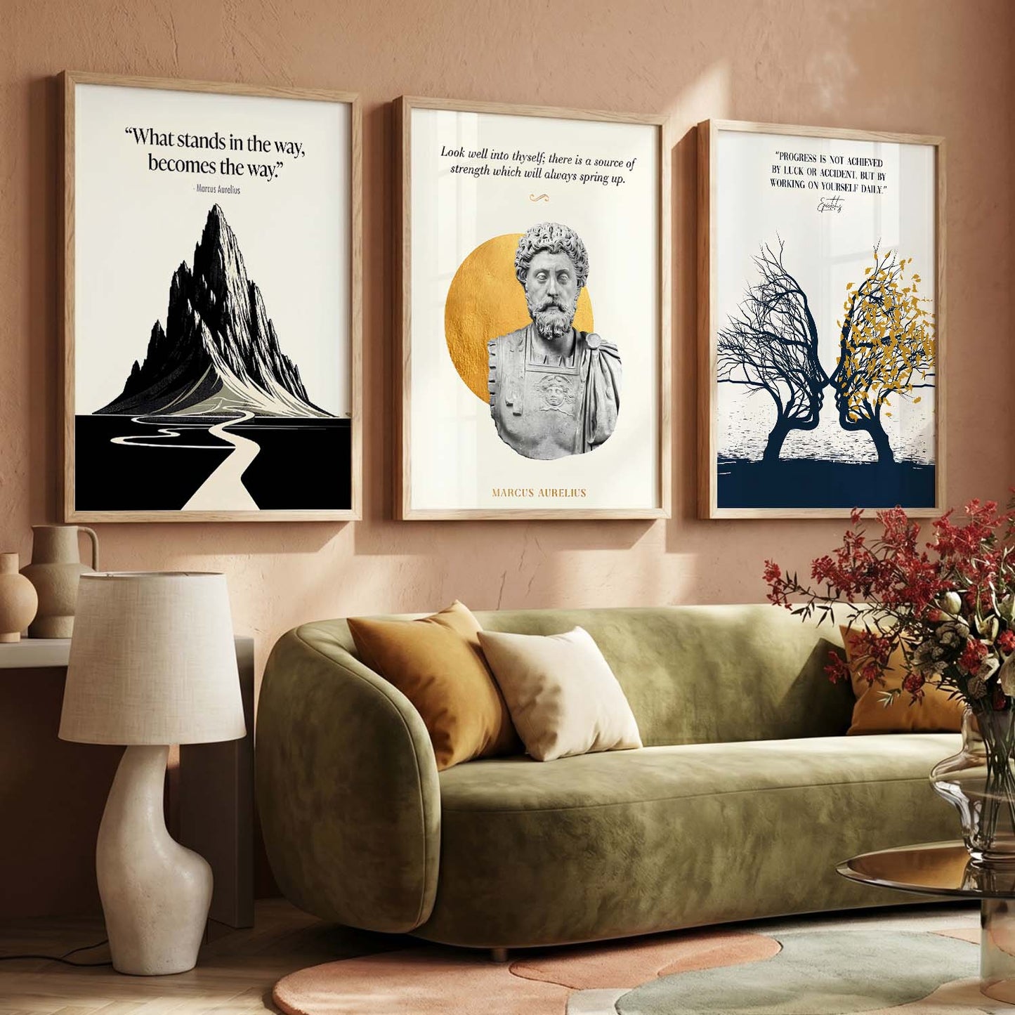 Stoic Philosophers Motivational Quotes Wall Art Set of 3 Framed Prints for Living Room