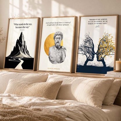 Stoic Philosophers Motivational Quotes Wall Art Set of 3 Framed Prints for Living Room