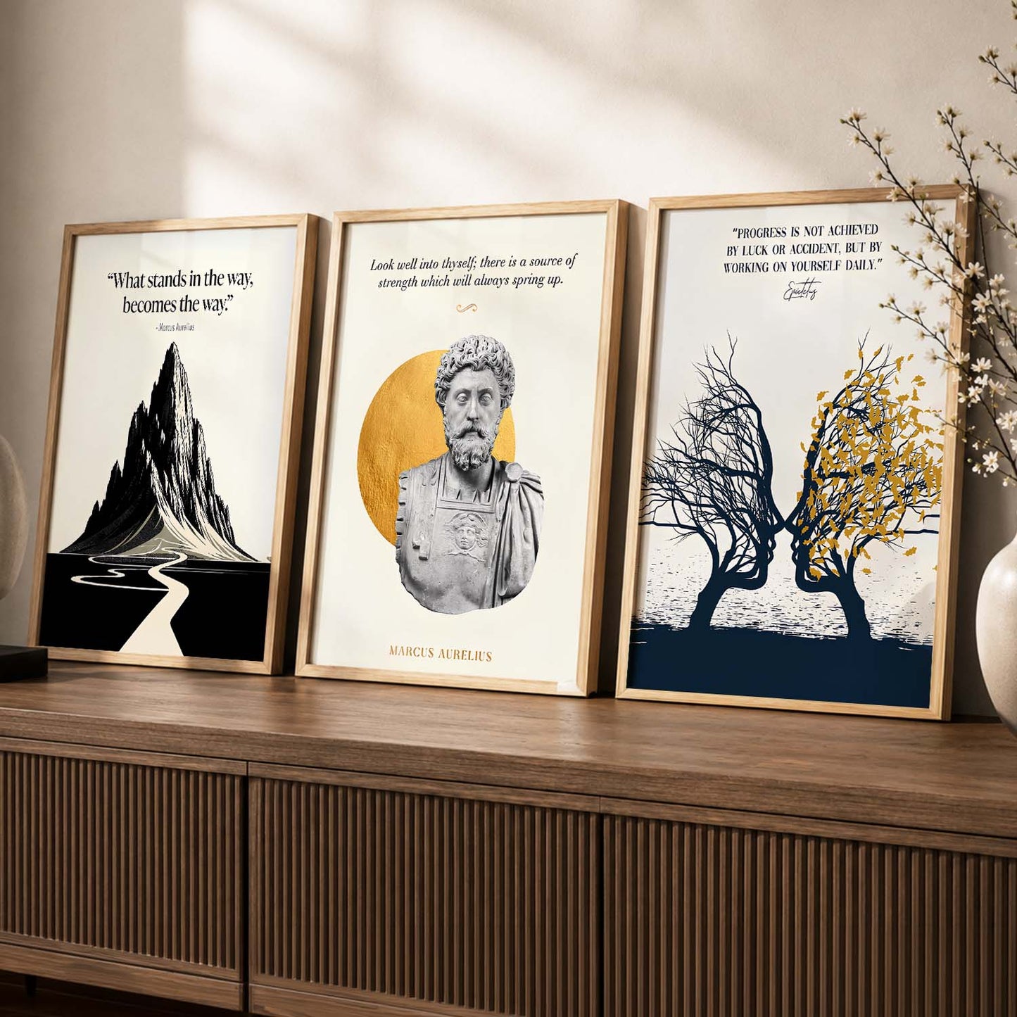 Stoic Philosophers Motivational Quotes Wall Art Set of 3 Framed Prints for Living Room