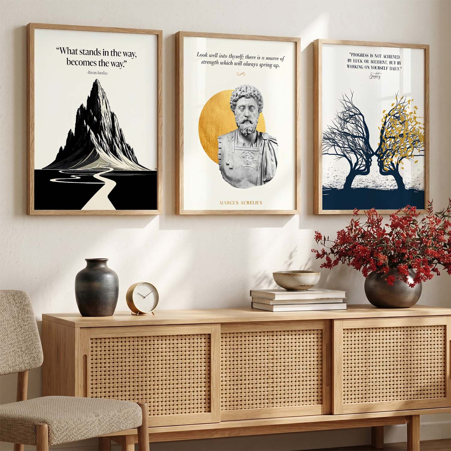 Stoic Philosophers Motivational Quotes Wall Art Set of 3 Framed Prints for Living Room