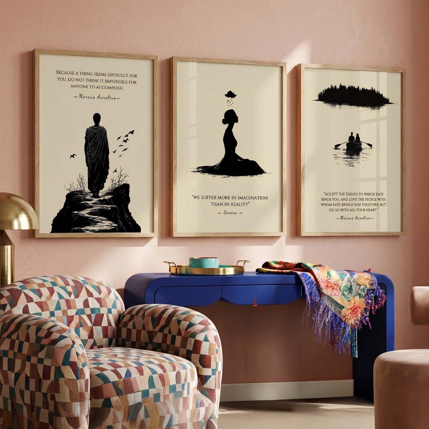 Marcus Aurelius Motivational Quotes Wall Art Set of 3 Framed Prints for Living Room