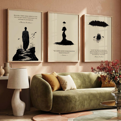 Marcus Aurelius Motivational Quotes Wall Art Set of 3 Framed Prints for Living Room