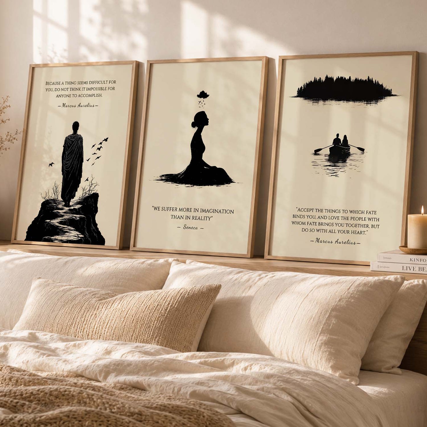 Marcus Aurelius Motivational Quotes Wall Art Set of 3 Framed Prints for Living Room