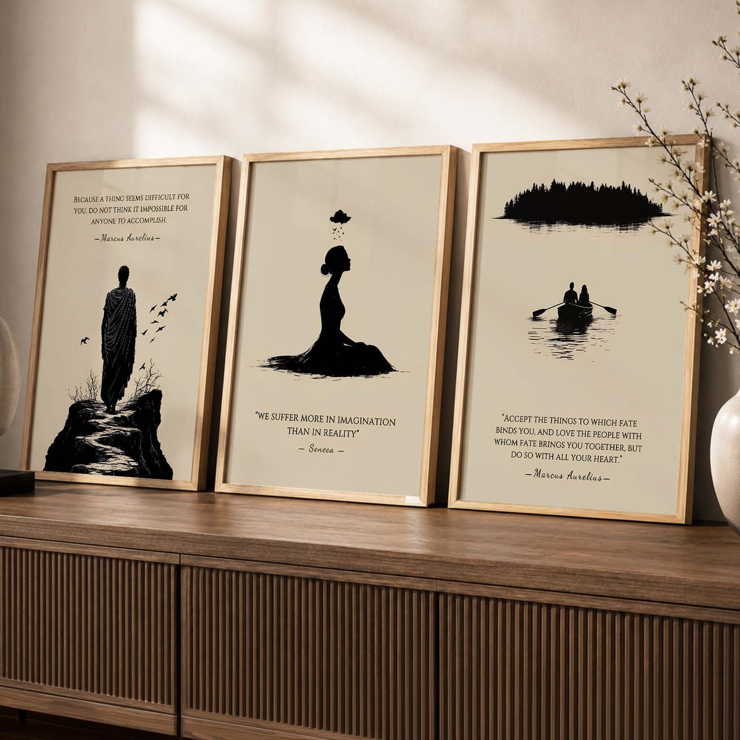Marcus Aurelius Motivational Quotes Wall Art Set of 3 Framed Prints for Living Room